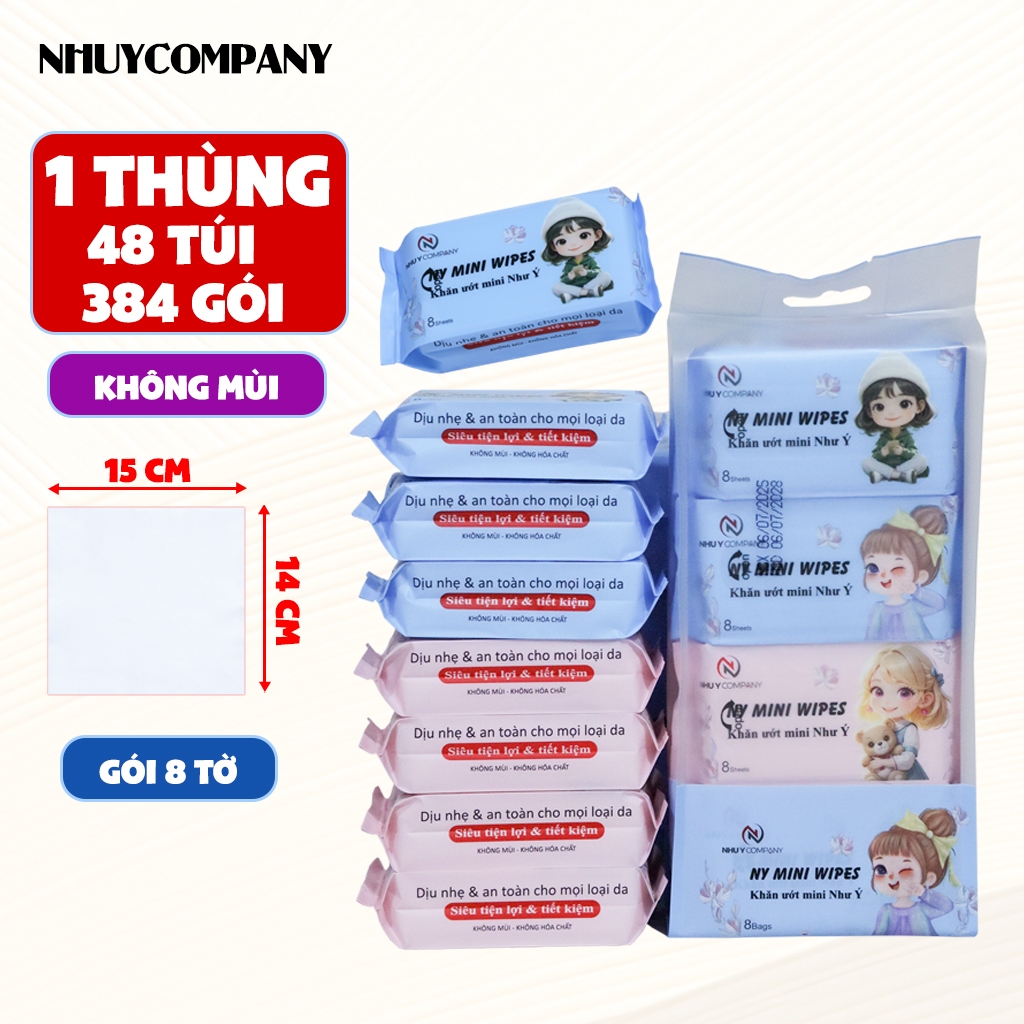 [1 thùng 384 gói] khăn ướt mini Như Ý Company, nhỏ gọn tiện lợi không mùi không chất bảo quản - Gói 8 tờ khăn
