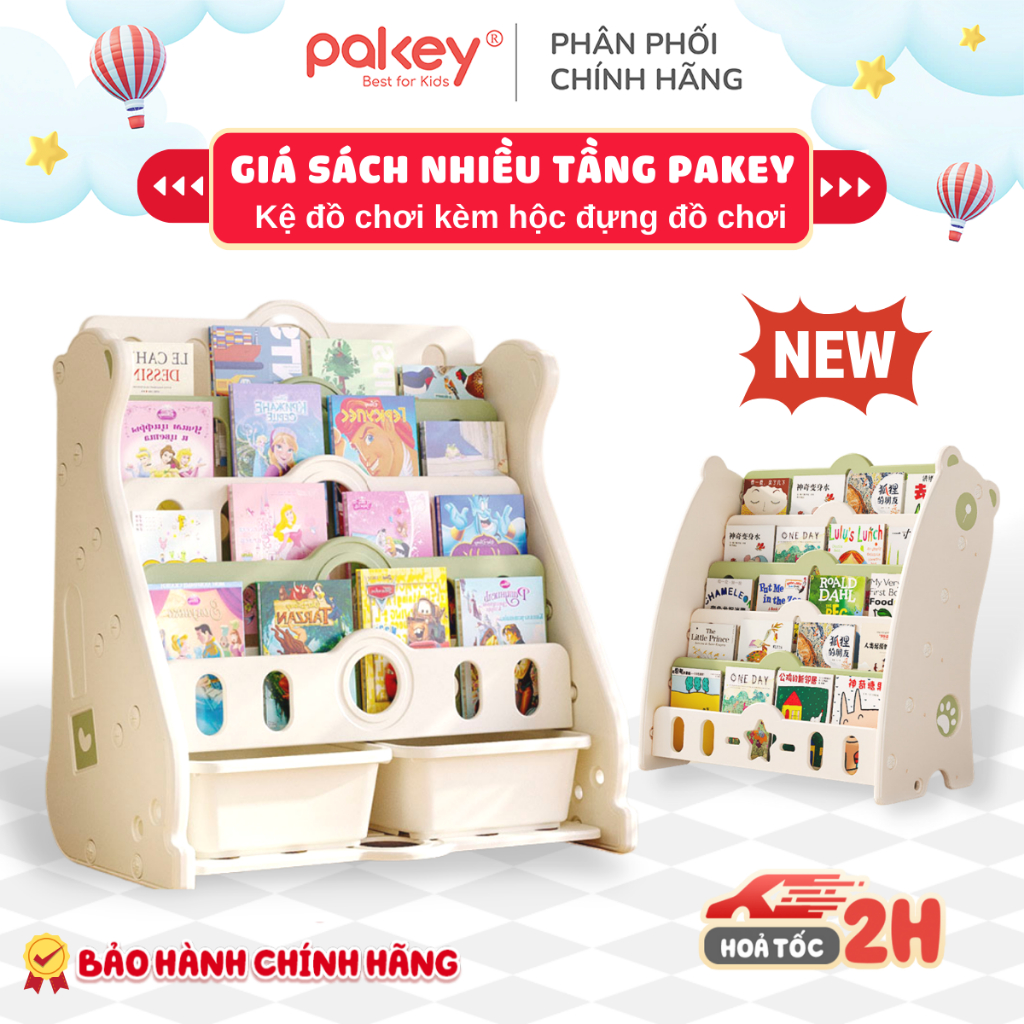 Kệ Sách Cho Bé Kèm Hộc Đồ Chơi, Giá Sách PAKEY 5 Tầng, Nhựa Nguyên Sinh An Toàn, Dễ Dàng Lắp Ráp, Bảo Hành 1 Năm