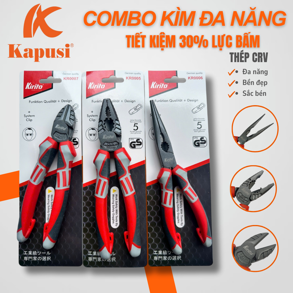 Bộ 3 kìm đa năng công nghiệp Nhật Kirito kiểu Đức thép CR-V cao cấp giảm 30% lực cắt