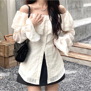 Áo kiểu nữ trễ vai trắng kem tay dài bèo nhẹ dáng suông dễ thương ulzzang VANISA CT047