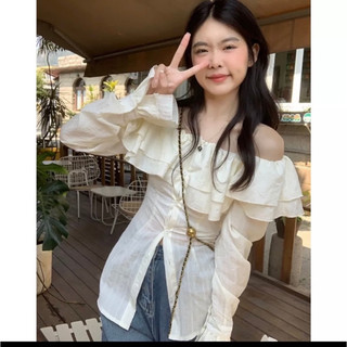 Áo kiểu nữ trễ vai trắng kem tay dài bèo nhẹ dáng suông dễ thương ulzzang VANISA CT047