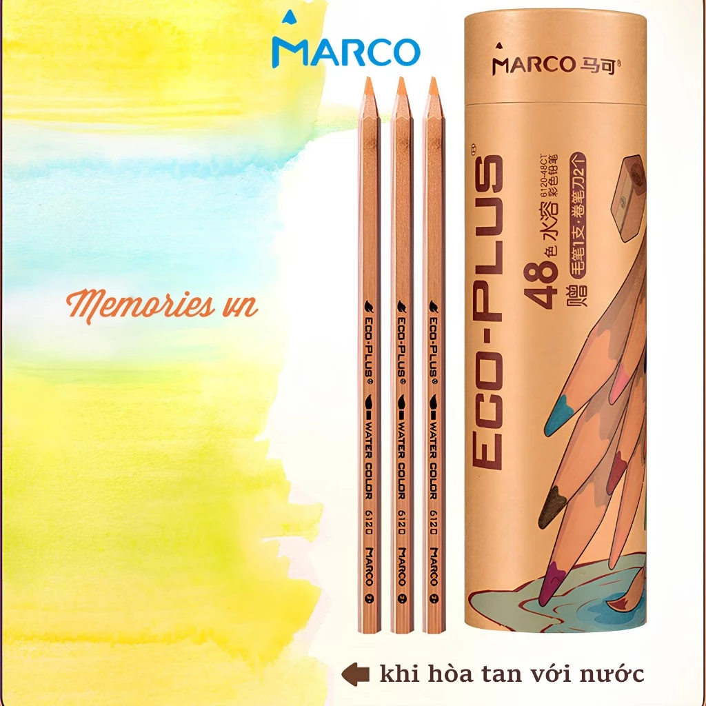 Bút Chì Màu Marco Gốc Nước Eco-Plus 24/36/48/72 Màu Cao Cấp Dạng Cốc Nâu Gỗ Kèm Cọ Vẽ Gọt Chì, Hùng