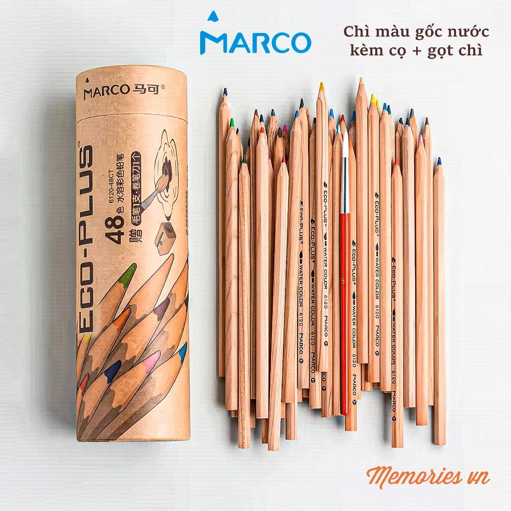 Bút Chì Màu Marco Gốc Nước Eco-Plus 24/36/48/72 Màu Cao Cấp Dạng Cốc Nâu Gỗ Kèm Cọ Vẽ Gọt Chì, Hùng