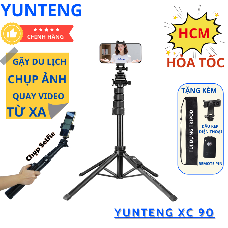 Gậy chụp ảnh 4 chân Yunteng XC-90 – Tripod tích hợp gậy selfie, Bluetooth điều khiển từ xa, gấp gọn 171cm quay vlog live