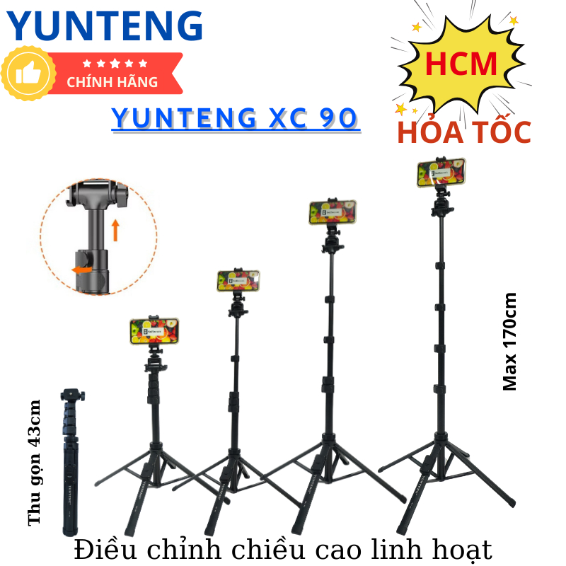 Gậy chụp ảnh 4 chân Yunteng XC-90 – Tripod tích hợp gậy selfie, Bluetooth điều khiển từ xa, gấp gọn 171cm quay vlog live