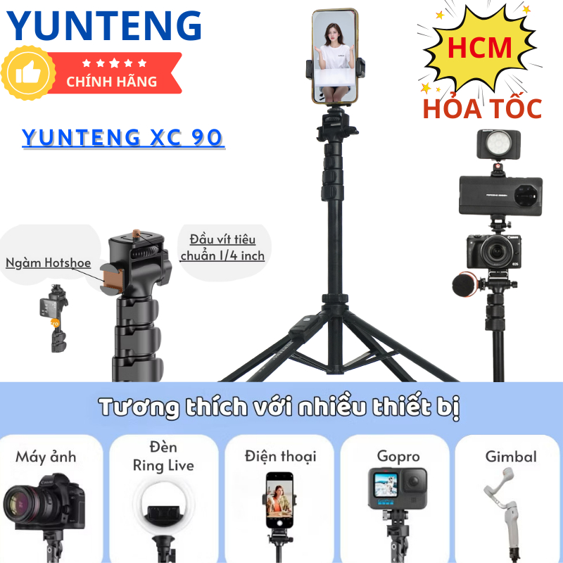 Gậy chụp ảnh 4 chân Yunteng XC-90 – Tripod tích hợp gậy selfie, Bluetooth điều khiển từ xa, gấp gọn 171cm quay vlog live