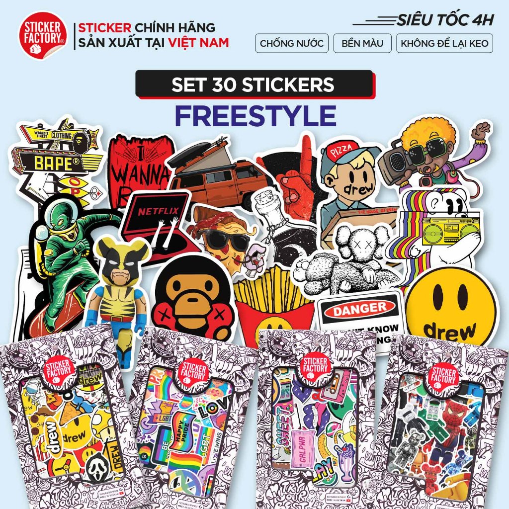 Set 30 sticker FREESTYLE, MUSIC, VINTAGE - Chống nước, hình dán nón bảo ...