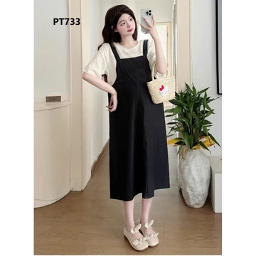 Đầm bầu giả yếm, váy bầu yếm dáng dài, đầm yếm bầu phối áo ren, yếm bầu mặc đi chơi, công sở-PT733