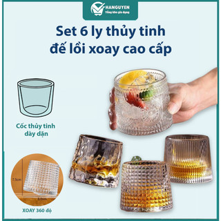 Set 6 ly thủy tinh đế lồi xoay cao cấp - cốc thủy tinh đẹp nhiều họa tiết sang trọng