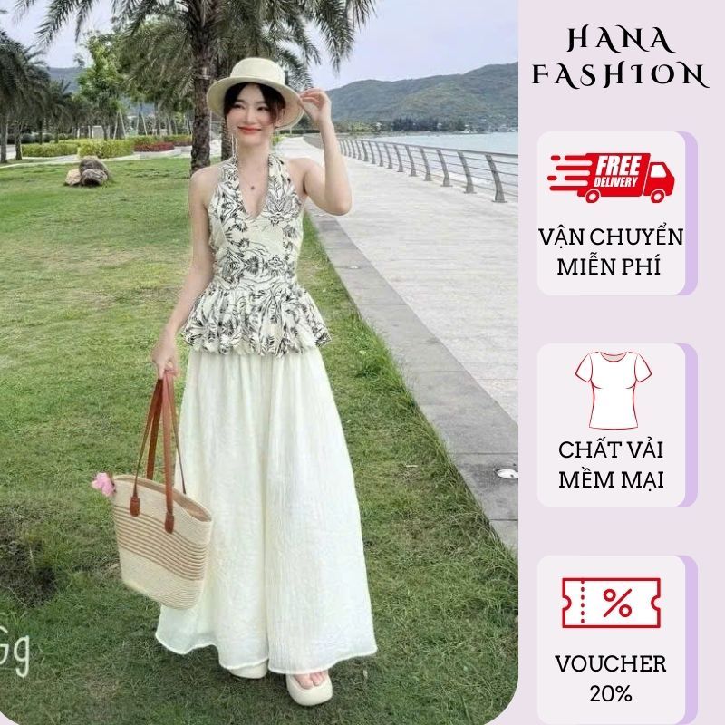 Set đồ nữ đi biển, set áo yếm in hoa hở lưng mix quần suông phong cách tiểu thư vintage HCOM26356