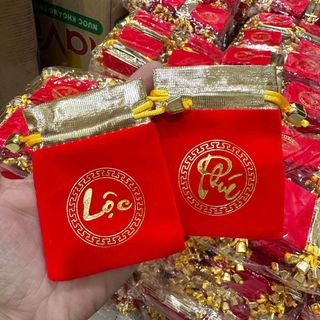 Túi gấm đỏ lì xì cách điệu chữ PHÚC LỘC may mắn Túi gấm dây rút nhỏ đựng trang sức