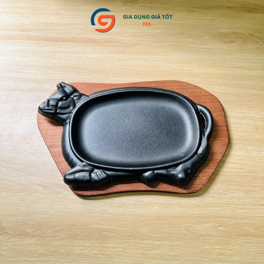 Chảo gang bò né hình đầu bò tặng kèm đế gỗ, chảo nướng bò bít tết giữ nhiệt tốt