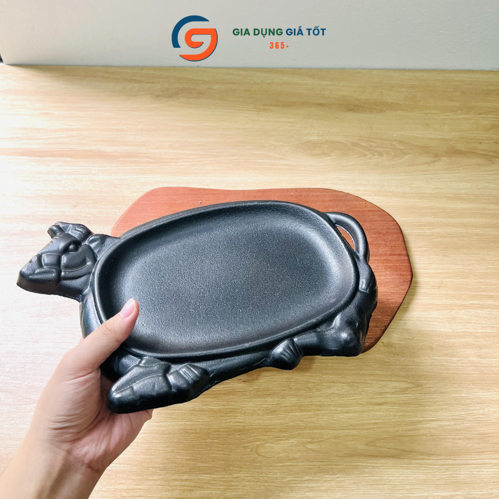 Chảo gang bò né hình đầu bò tặng kèm đế gỗ, chảo nướng bò bít tết giữ nhiệt tốt