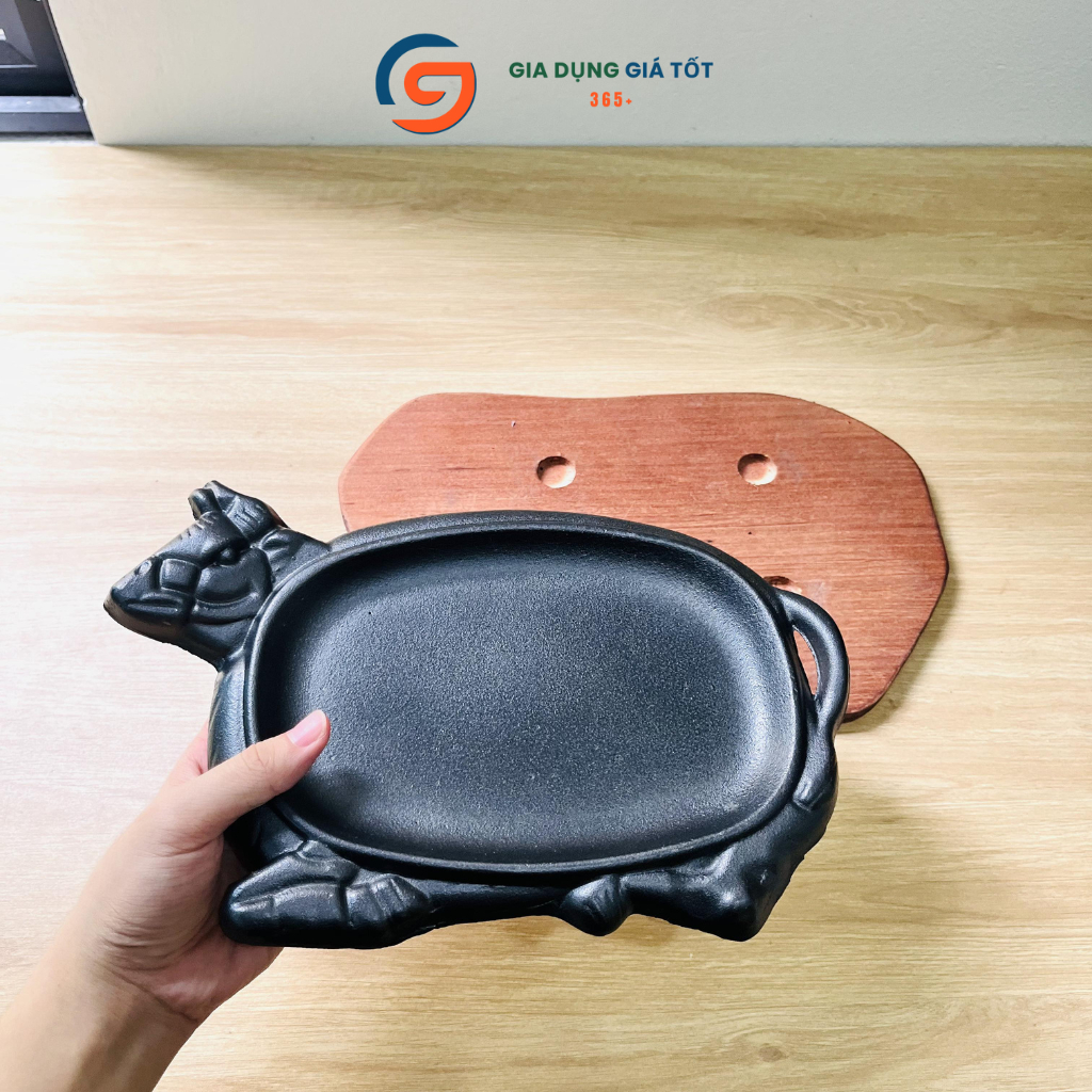 Chảo gang bò né hình đầu bò tặng kèm đế gỗ, chảo nướng bò bít tết giữ nhiệt tốt