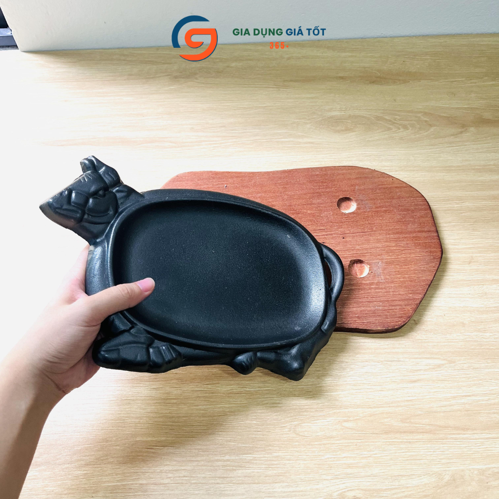 Chảo gang bò né hình đầu bò tặng kèm đế gỗ, chảo nướng bò bít tết giữ nhiệt tốt