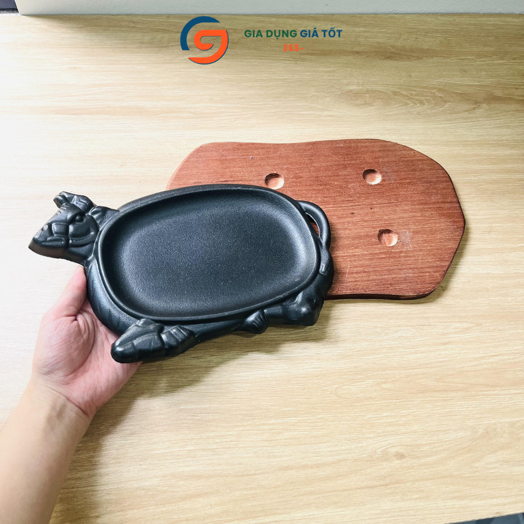 Chảo gang bò né hình đầu bò tặng kèm đế gỗ, chảo nướng bò bít tết giữ nhiệt tốt