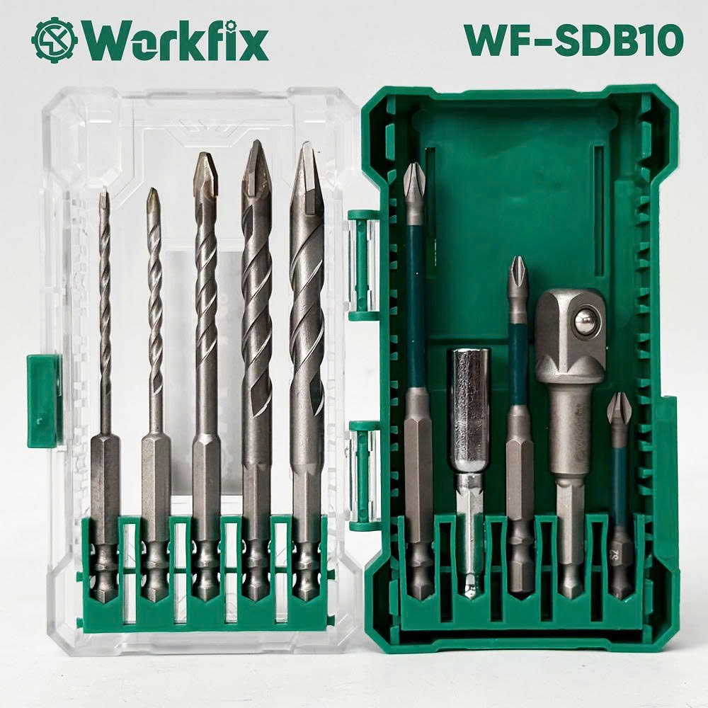 Bộ 10 phụ kiện đa năng Workfix, 5 mũi khoan, 3 mũi vít, đầu nối dài vít ...