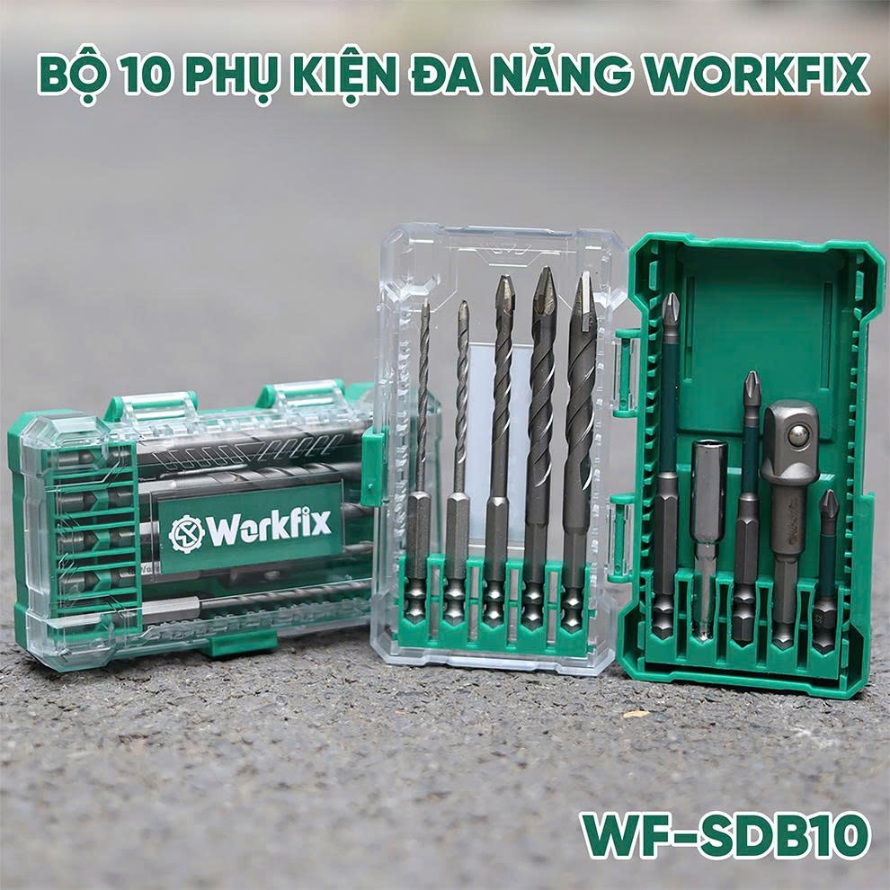 Bộ 10 phụ kiện đa năng Workfix, 5 mũi khoan, 3 mũi vít, đầu nối dài vít ...