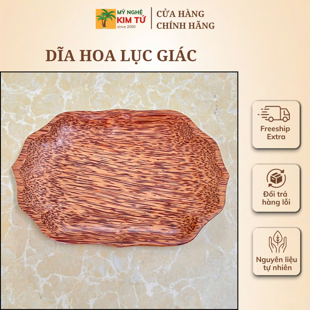 Dĩa Gỗ Dừa Nguyên Khối Hình Hoa Lục Giác KIM TỨ - Mỹ Nghệ Dừa Bến Tre Cao Cấp, Hàng Chuẩn Loại 1