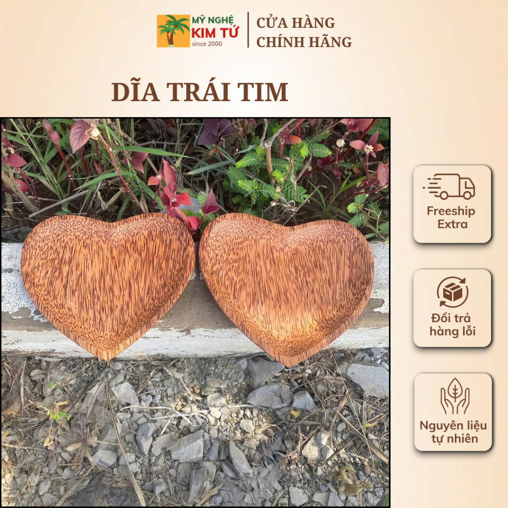 Dĩa Gỗ Dừa Mẫu Hình Trái Tim KIM TỨ - Mỹ Nghệ Dừa Bến Tre Cao Cấp, Hàng Chuẩn Loại 1