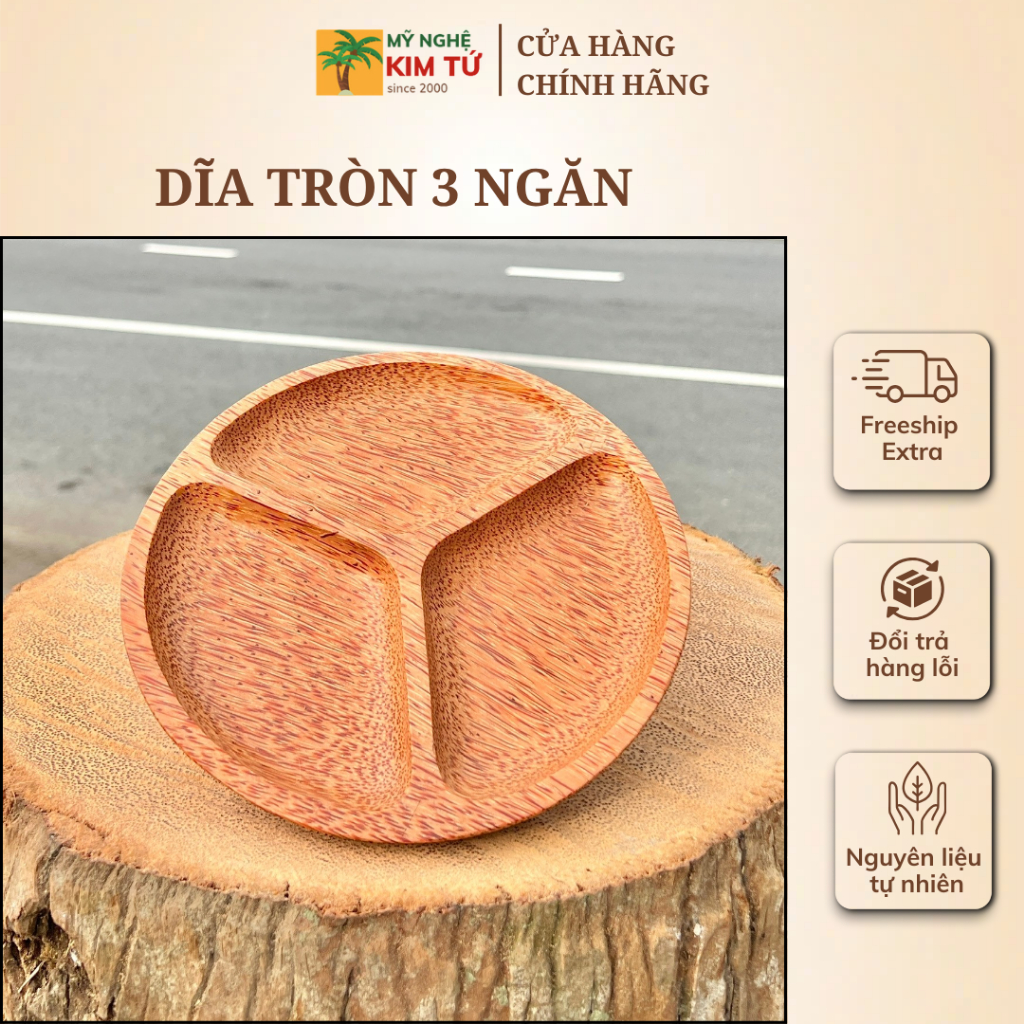 Dĩa Gỗ Dừa Nguyên Khối 3 Ngăn Đựng Trái Cây, Bánh Kẹo, Decor Bàn Tiệc, Quà Tặng Cao Cấp Đậm Chất Miền Tây - KIM TỨ