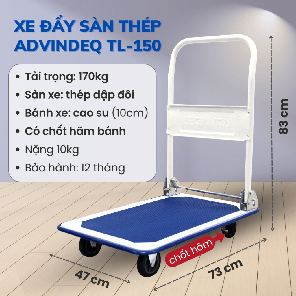 Xe đẩy hàng 4 bánh gấp gọn ADVINDEQ TL-150 sàn thép cao cấp, tải trọng 150kg, bảo hành 12 tháng toàn quốc