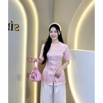 ÁO LẺ BÀ BA TAY NGẮN ( KHÔNG KÈM QUẦN ) - Áo Bà Ba Gấm Cổ Tròn Nút Ngọc Trai - TOP ÁO NỮ