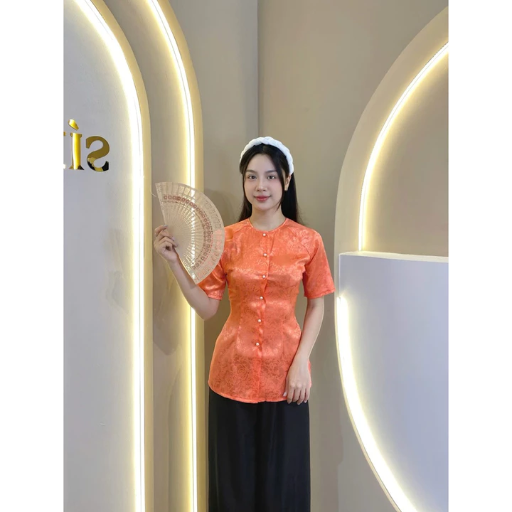 ÁO LẺ BÀ BA TAY NGẮN ( KHÔNG KÈM QUẦN ) - Áo Bà Ba Gấm Cổ Tròn Nút Ngọc Trai - TOP ÁO NỮ