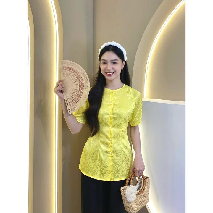 ÁO LẺ BÀ BA TAY NGẮN ( KHÔNG KÈM QUẦN ) - Áo Bà Ba Gấm Cổ Tròn Nút Ngọc Trai - TOP ÁO NỮ