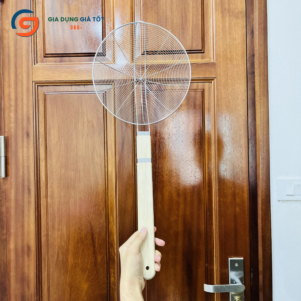 Vợt chiên inox cán gỗ- vợt vớt đồ chiên, ráo dầu, dụng cụ nhà bếp tiện lợi