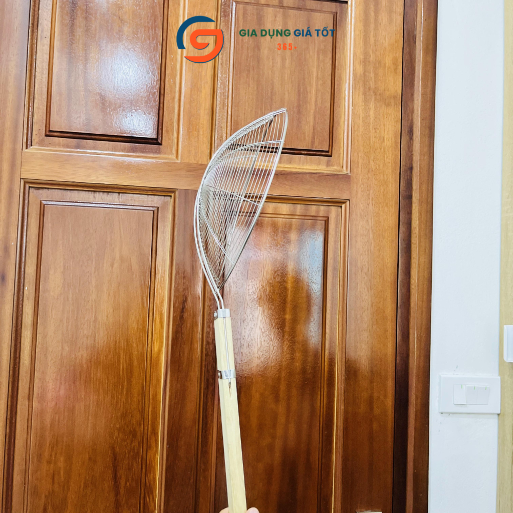 Vợt chiên inox cán gỗ- vợt vớt đồ chiên, ráo dầu, dụng cụ nhà bếp tiện lợi