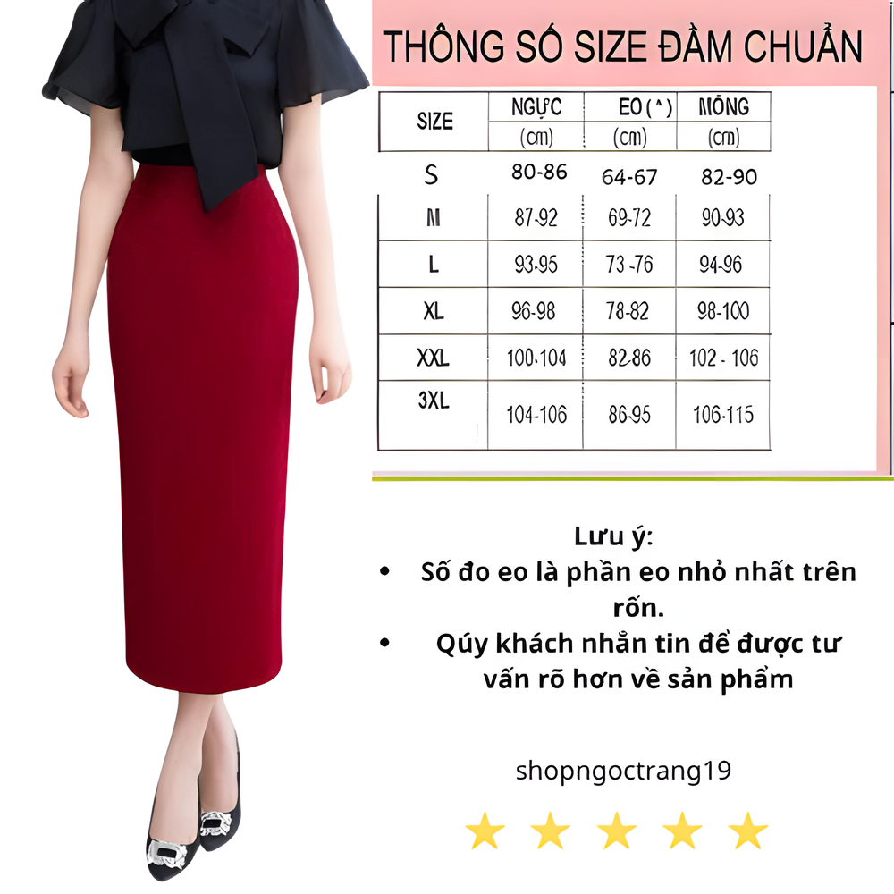 Chân Váy Bút Chì Cạp Liền 85cm-95cm SHOPNGOCTRANG19 Chất Liệu Vitex 2 lớp.