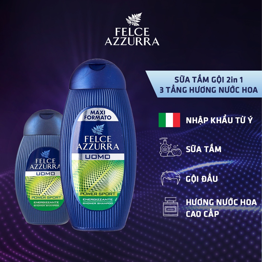 Sữa tắm gội toàn thân hương nước hoa cao cấp Ý, thể thao nam tính Felce Azzura Power Sport - NK Ý
