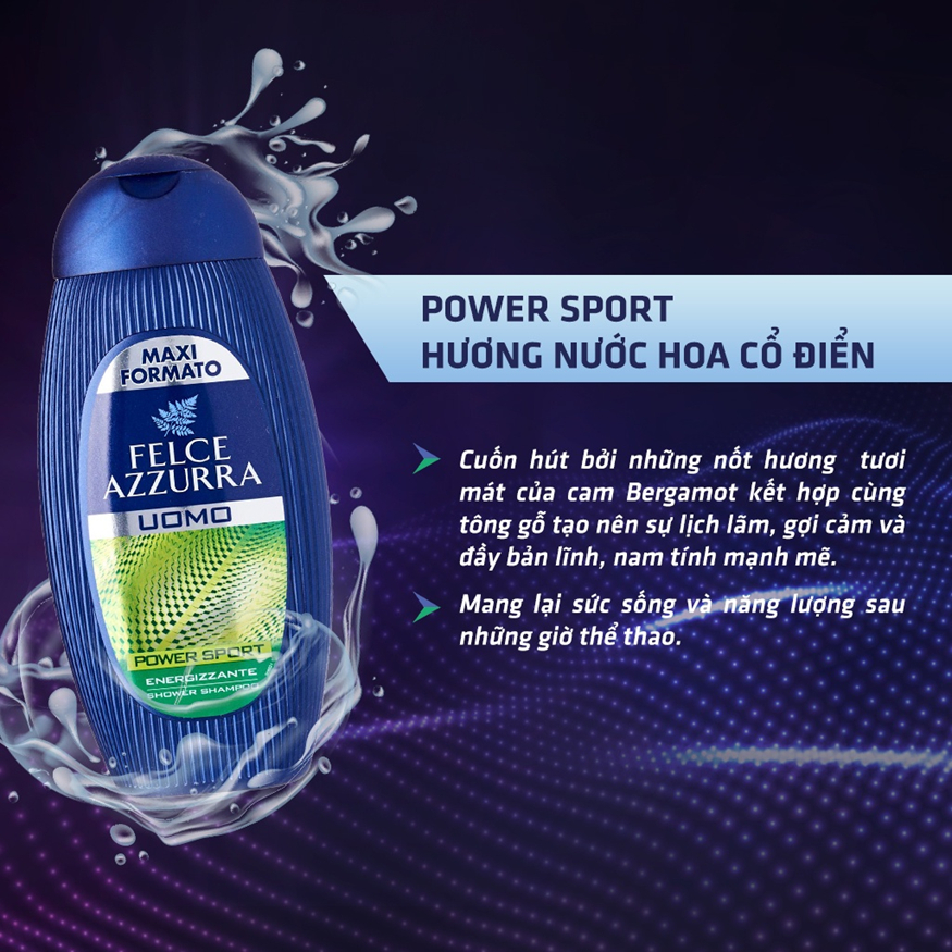 Sữa tắm gội toàn thân hương nước hoa cao cấp Ý, thể thao nam tính Felce Azzura Power Sport - NK Ý