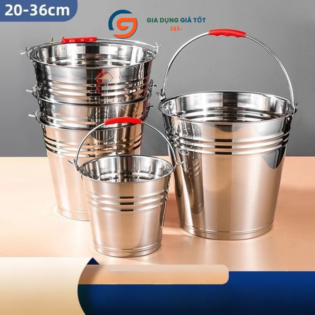 Xô inox đựng đá có quai xách - xô inox dày sáng bóng, thau inox đựng nước đa năng nhiều size