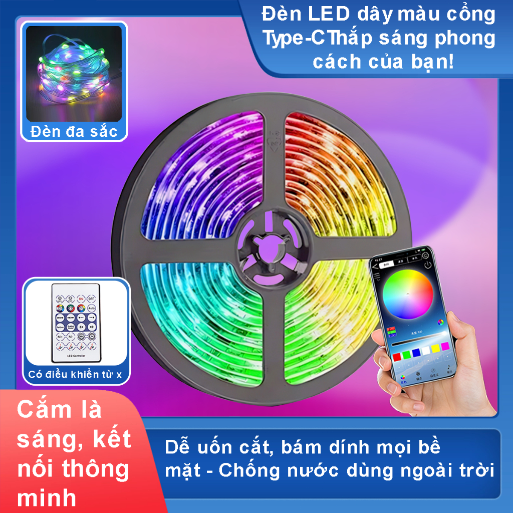 Đèn dây led RGB 5M 10M trang trí decor phòng, decor bàn gaming, có chế độ nháy theo nhạc điều chỉnh bằng remote và app