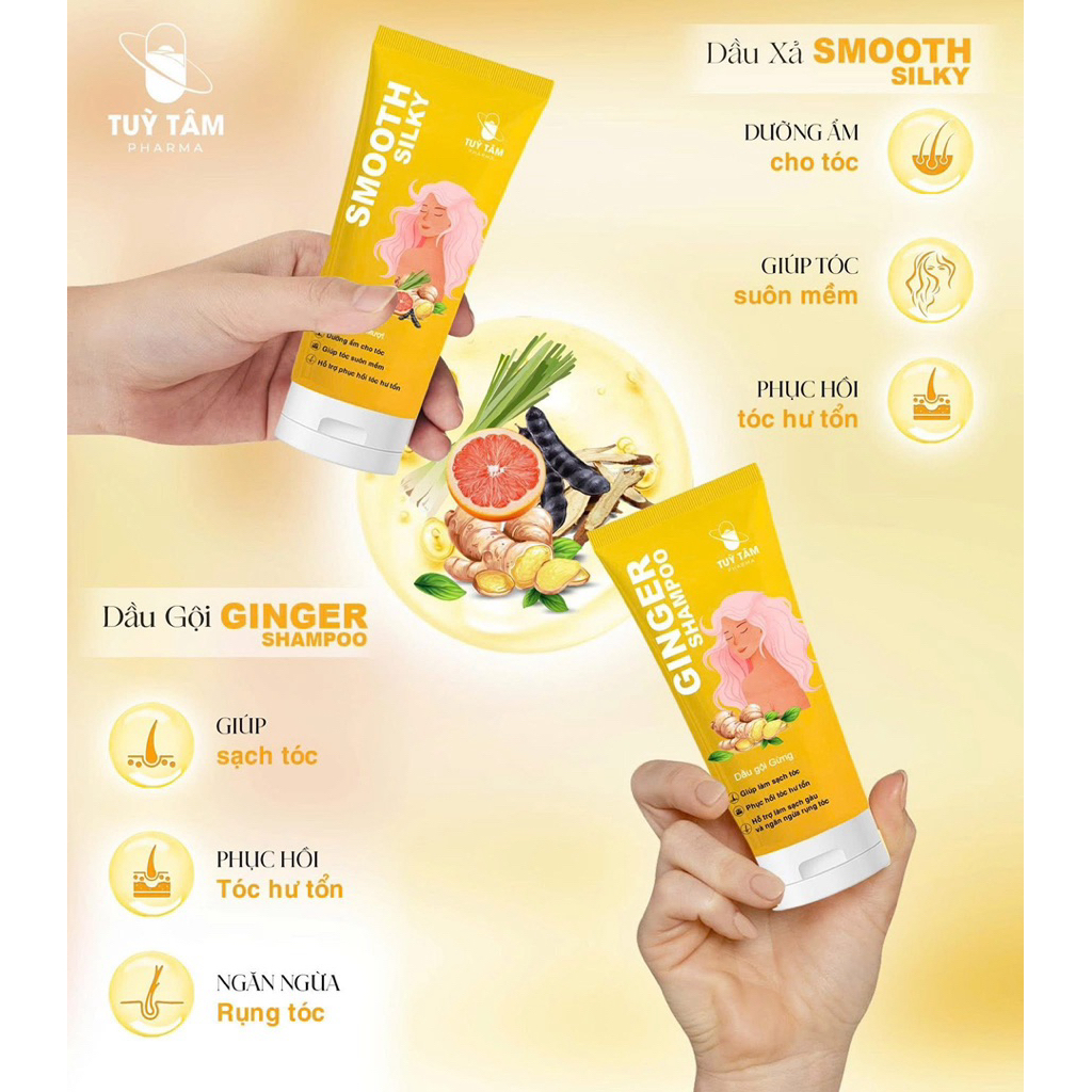 Dầu gội đầu gừng - dầu xả tinh chất sả giúp dưỡng ẩm làm suôn mềm, hỗ trợ phục hồi tóc hư tổn - Tuỳ Tâm pharma 350ml