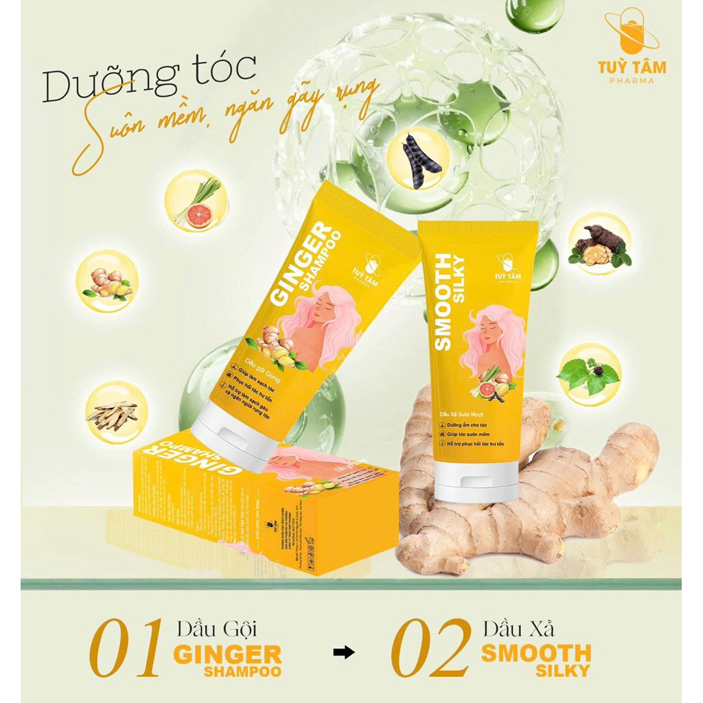 Dầu gội đầu gừng - dầu xả tinh chất sả giúp dưỡng ẩm làm suôn mềm, hỗ trợ phục hồi tóc hư tổn - Tuỳ Tâm pharma 350ml