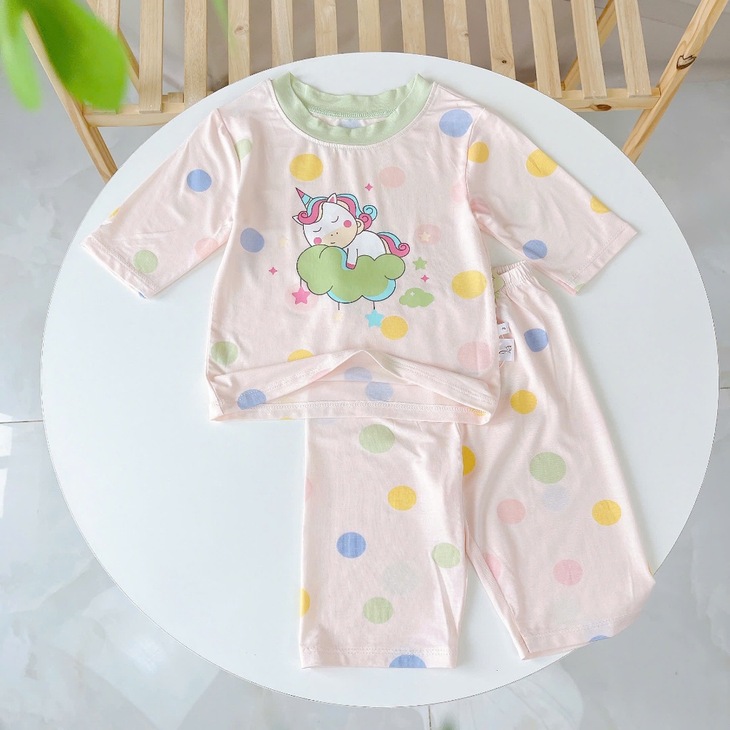 Bộ lửng bé gái 95% sợi sồi Modal Ice Cool Lá Homewear A303, đồ bộ quần lỡ bé gái họa tiết kỳ lân unicorn