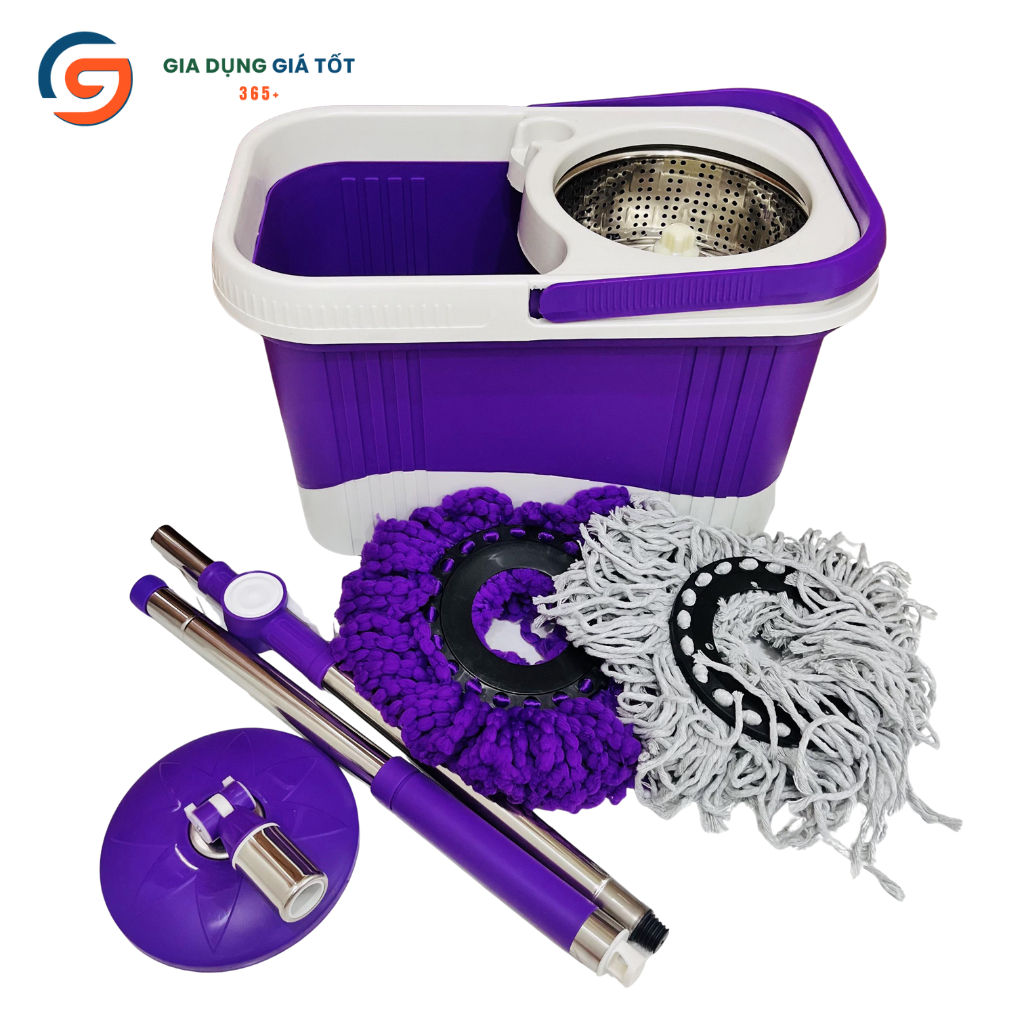 Bộ lau nhà cao cấp Hưng Huê xô có bánh xe - lồng inox quay 360 độ, kèm 2 đầu lau thay thế