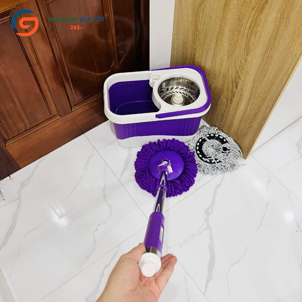 Bộ lau nhà cao cấp Hưng Huê xô có bánh xe - lồng inox quay 360 độ, kèm 2 đầu lau thay thế