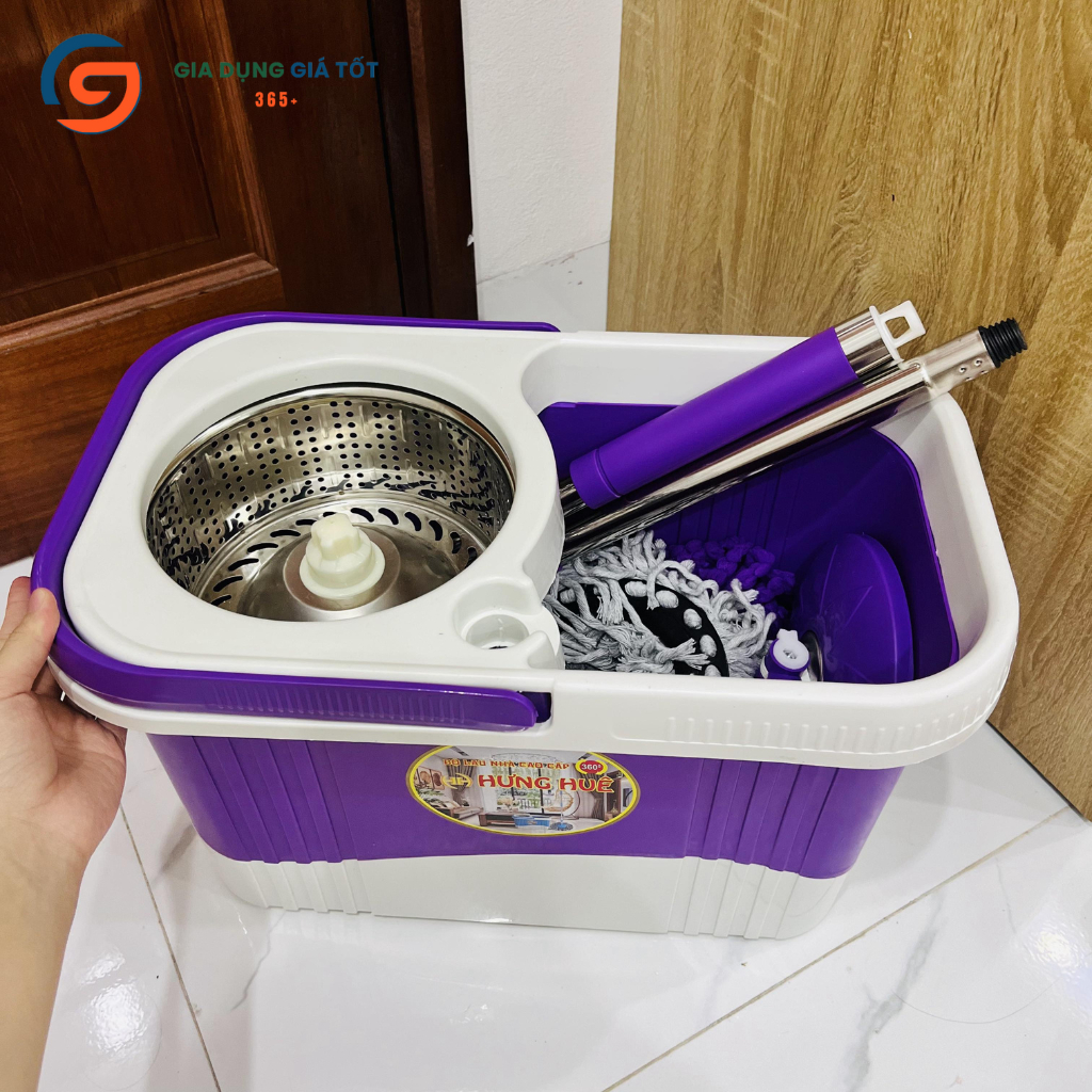 Bộ lau nhà cao cấp Hưng Huê xô có bánh xe - lồng inox quay 360 độ, kèm 2 đầu lau thay thế