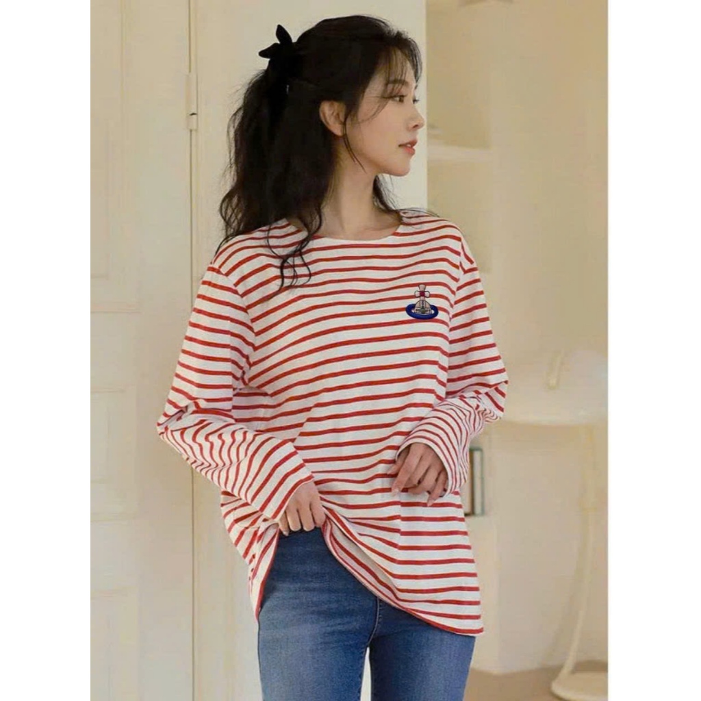 Áo thun nữ dài tay kẻ sọc cổ Thuyền in hình JULY FASHION, Áo thun nữ tay dài cổ thuyền chất thun cotton xượt mềm mại