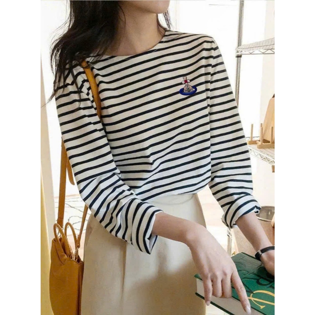 Áo thun nữ dài tay kẻ sọc cổ Thuyền in hình JULY FASHION, Áo thun nữ tay dài cổ thuyền chất thun cotton xượt mềm mại