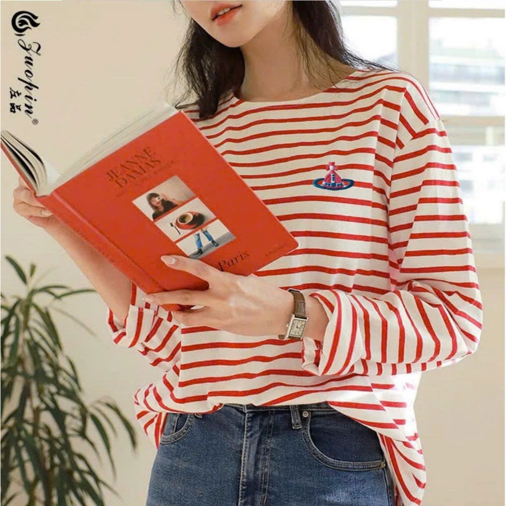 Áo thun nữ dài tay kẻ sọc cổ Thuyền in hình JULY FASHION, Áo thun nữ tay dài cổ thuyền chất thun cotton xượt mềm mại