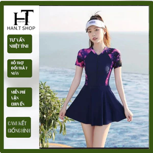 DB073 TNH [Size M,L,XL]Bikini đồ bơi đi biển một mảnh dây kéo đen phối xám form váy có quần bảo hộ HAN.T SHOP