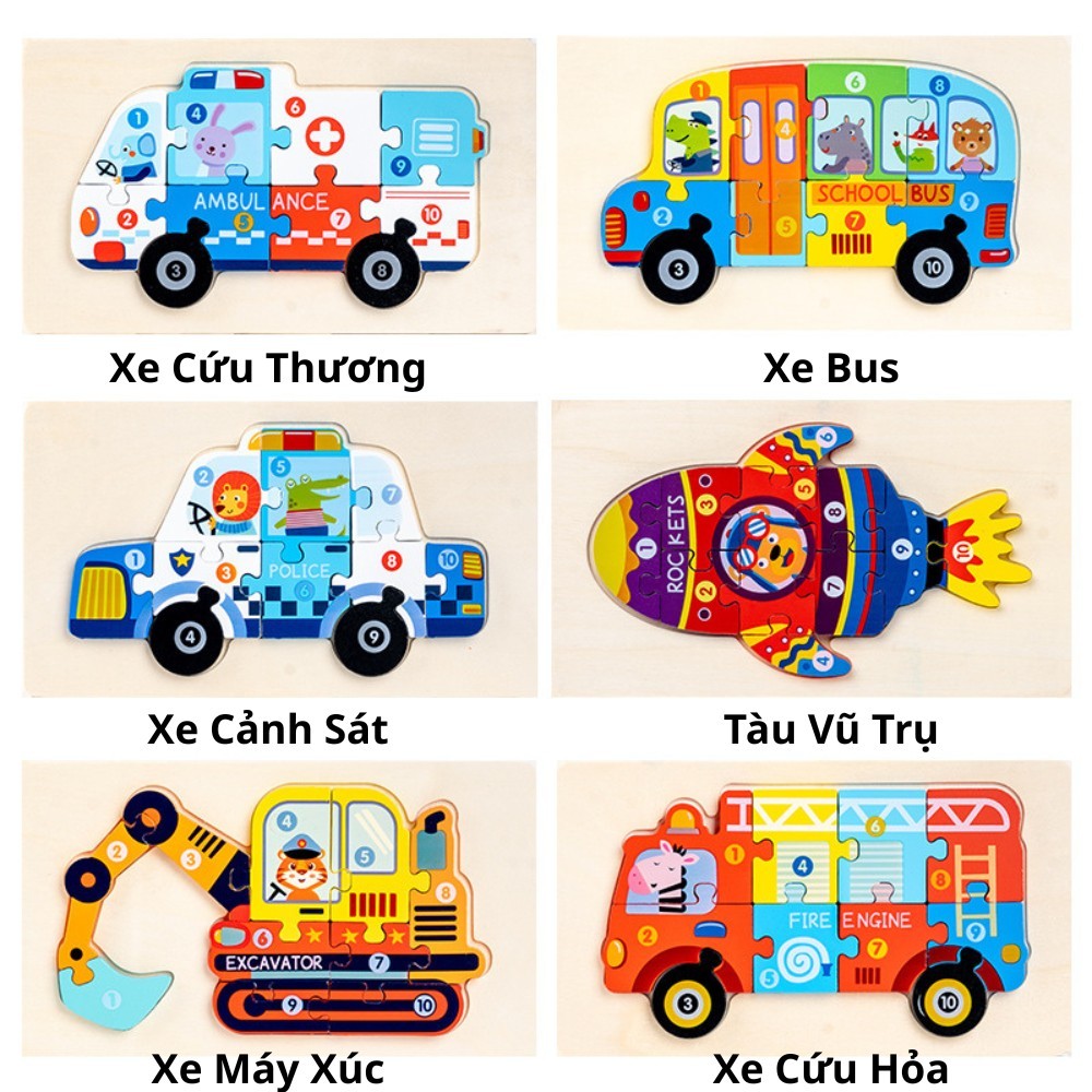 Đồ Chơi Tranh Xếp Hình Số 1-10 Các Phương Tiện Giao Thông Bằng Gỗ 3D Cho Bé, Đồ Chơi Thông Minh