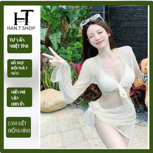 Đồ Bơi Bikini 4 Mảnh Tay Dài Khoét Sâu phối lưới Thích Hợp Đi Biển Sống ảo ( ảnh thật )I