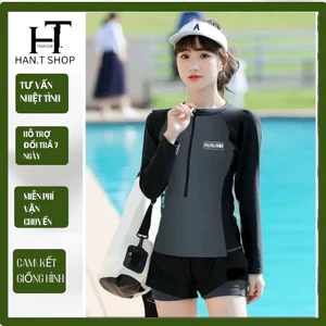 BKN 016 XÁM Sẵn HCM (Size M, L) Đồ Bơi Đi Biển Áo Dài Tay in chữ Quần 2 Lớp dáng thể thao HAN.T Shop