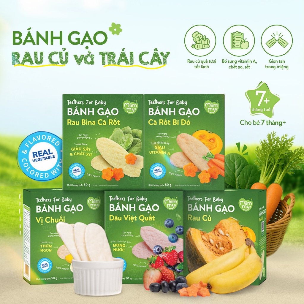Bánh gạo ăn dặm rau củ Mămmy giúp bé tập nhau bổ sung dinh dưỡng, hỗ trợ tiêu hóa cho bé từ 7 tháng